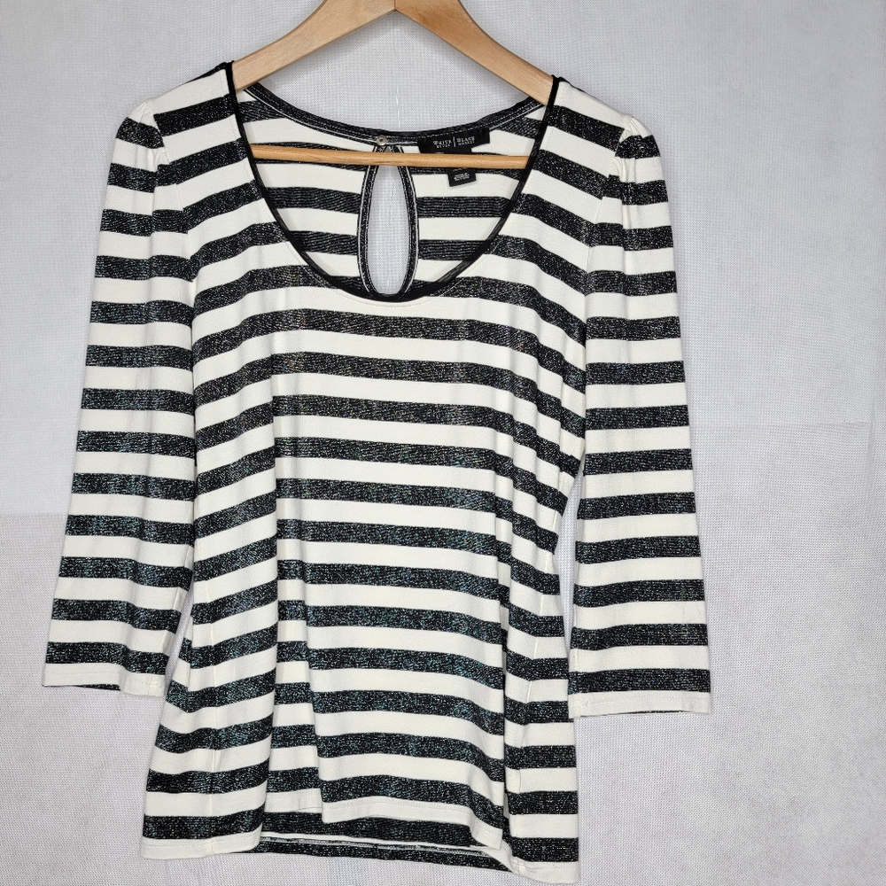 White House Black Market Striped Top White Black Metallic 3/4 Sleeve Keyhole M